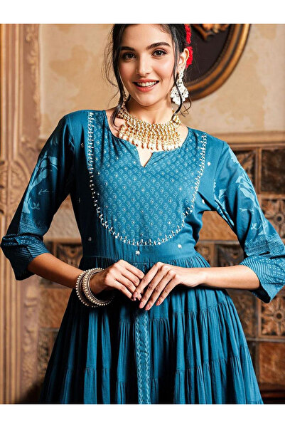 Ishin By Styli Teal Self-Design Tiered Midi Dress