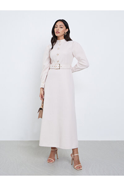 Styli Beige Long Sleeve Belted A-Line Maxi Dress