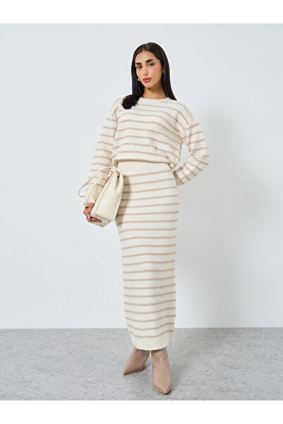 Styli Beige Ribbed Striped Sweater Maxi Dress