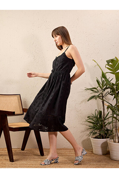 Sassafras By Styli Black Embroidered Strappy Midi Dress