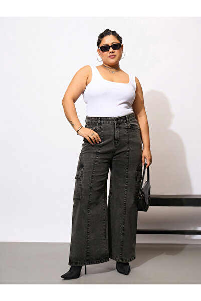 Sassafras By Styli Plus Size Black Acid Wash Cargo Jeans