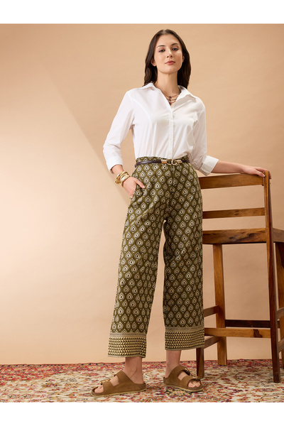 Globus By Styli Olive Ethnic Print Mid-Rise Straight Fit Trousers