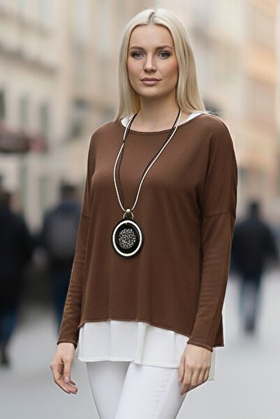 Chiccy Σετ με δύο μακρυμάνικα κολάρα με χρώμα κανέλας με κολιέ Casual Ov oversized riko Μπλούζα 70 74