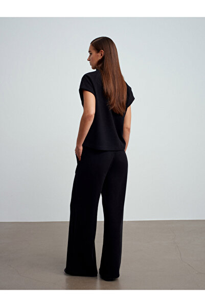 Dilvin 71927 Elastic Waistband Stitching Detail Loose Sweatpants-Black