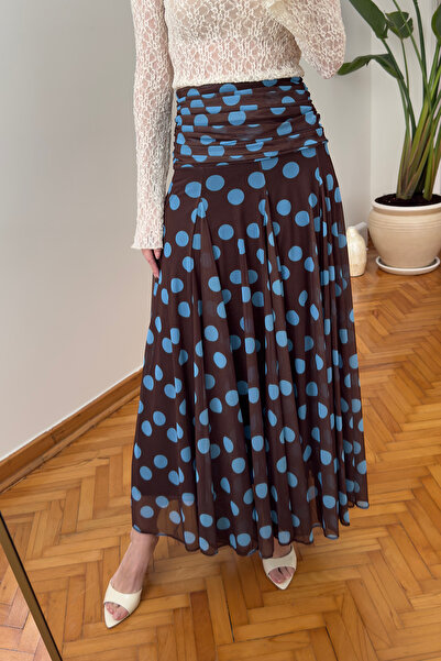 MAGARDE Puantiyeli Şifon Tasarım Etek- KAHVERENGİ