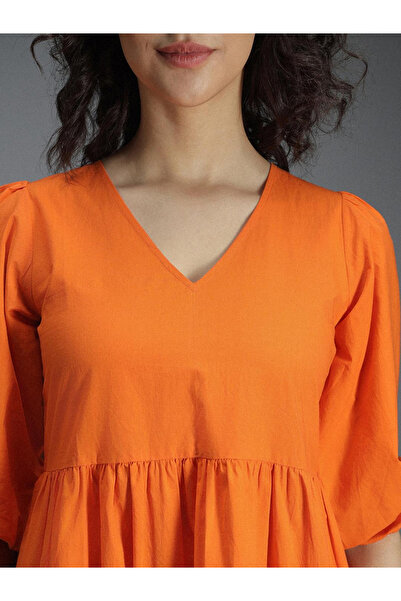 High Star By Styli Orange Tiered Midi Dress with 3/4 Sleeves