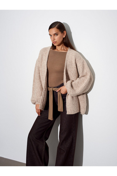 Dilvin 60991 Soft Textured Flowy Knit Cardigan-Beige Melange