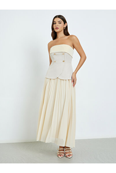 Styli Beige Bandeau Neck Pleated Maxi Dress