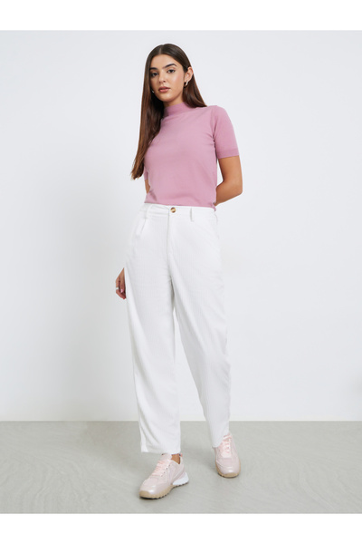 Take Two By Styli Women White Textured Straight Leg Pants with Belt Loops