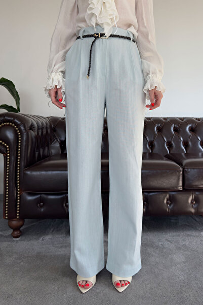 MAGARDE Pantaloni premium din in cu centură tricotată - ALBASTRU BEBE