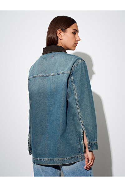 Dilvin 65381 100% Cotton Velvet Collar Denim Jacket-Tint