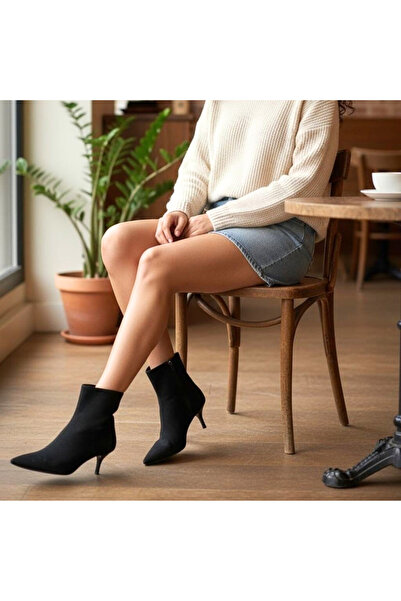 NE&VE SHOES Siyah Süet Sivri Burun Kadın Klasik Bot
