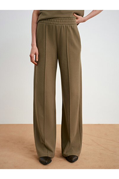 Dilvin 71927 Elastic Waistband Stitching Detail Loose Sweatpants-Light Khaki