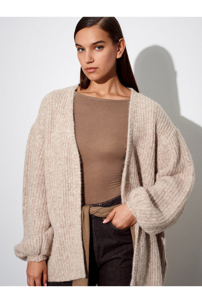 Dilvin 60991 Soft Textured Flowy Knit Cardigan-Beige Melange