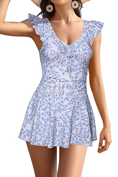 Dotail Μονόκομο μαγιό SHEKINI, μέγεθος S, στυλ φόρεμα, βαθύ ντεκολτέ, γαλάζιο