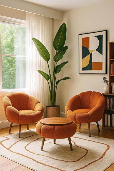 KOKİ DESİGN LİDA Turuncu Wellsoft İkili Berjer Seti ÖZEL SEHPALI