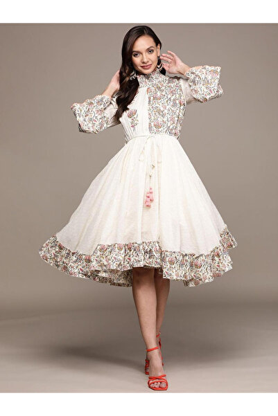 Ishin By Styli Printed Panel Dobby Knee Length Dress