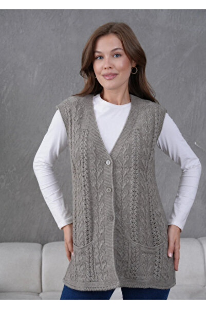 Stilmony Women's Knitwear Lace-Like Knit Mother's Wool Vest with Pocket Detail