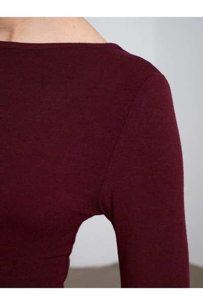 Dilvin 32325 Boat Neck Long Sleeve Top-Burgundy