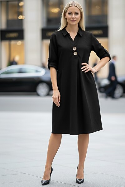 Chiccy Black Shirt Collar Buttoned Long Sleeve Pocket Casual Velvet Woven Dress 105 55