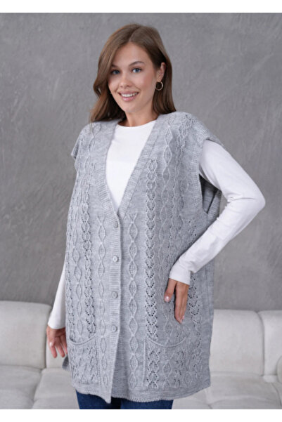 Stilmony Women's Knitwear Lace-Like Knit Mother's Wool Vest with Pocket Detail