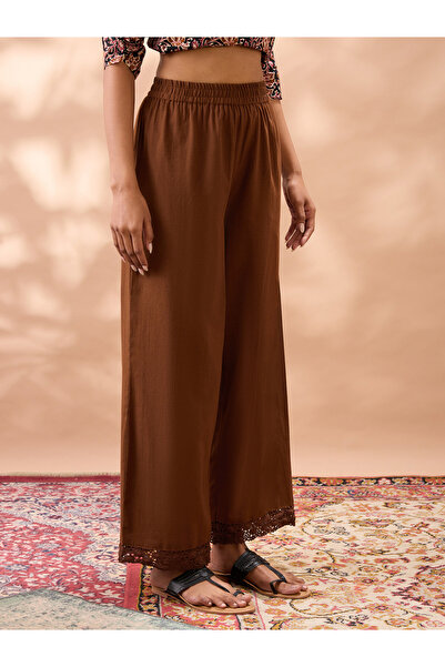 Globus By Styli Brown Solid High Rise Lace Hem Wide Leg Pants