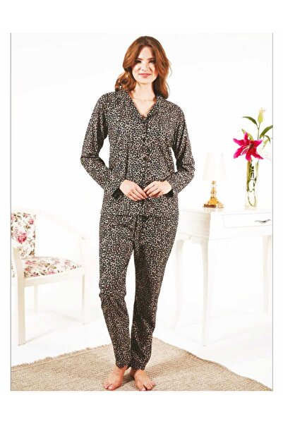 Estiva Leopard Print Front Buttoned Suede Pajama Set