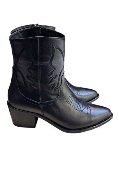 TUFAN SHOES Siyah Hakiki Deri İşleme Detaylı Western Bot