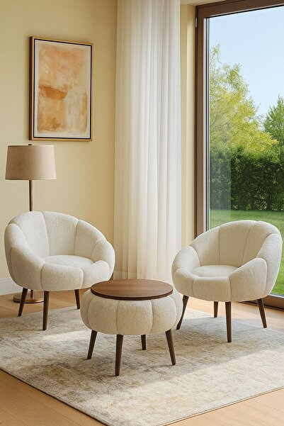 KOKİ DESİGN LİDA Kırık Beyaz Wellsoft Peluş Kumaş İkili Berjer Seti ÖZEL SEHPALI (Salon, Balkon, Ofis)