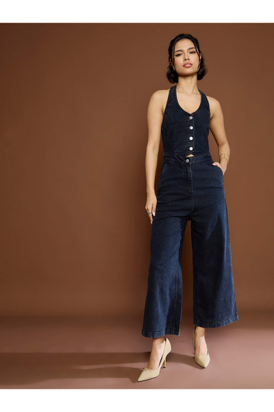 Sassafras By Styli جمبسوت جينز أسود مغسول بفتحة رقبة على شكل هالتر