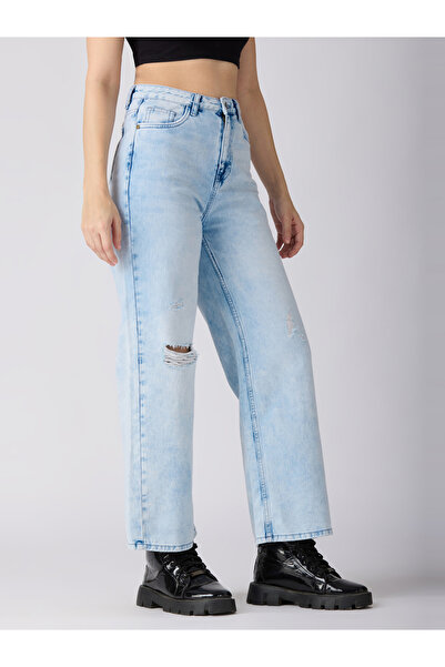 Globus By Styli Light Blue Cotton Distress Wide Leg Jeans