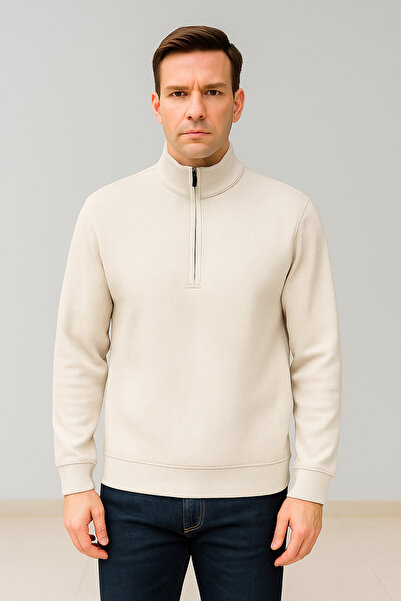 Maccali Men's Zippered Polo Neck Loose Long Cream Knit Sweater