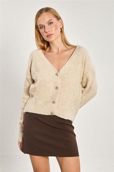 BARRELS AND OIL Kadın Düğmeli Buklet Hırka - Taş Rengi