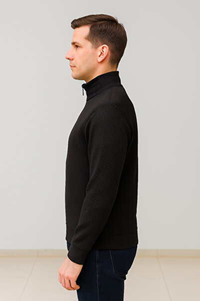 Maccali Men's Zippered Polo Neck Loose Long Black Knit Sweater