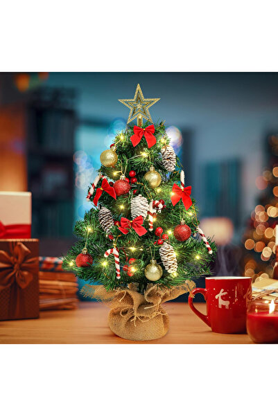 Çemrek Süs Parti Çuval Kumaşlı Yılbaşı Ağacı 60 cm Peri Led, Tepe Yıldız, Kar...