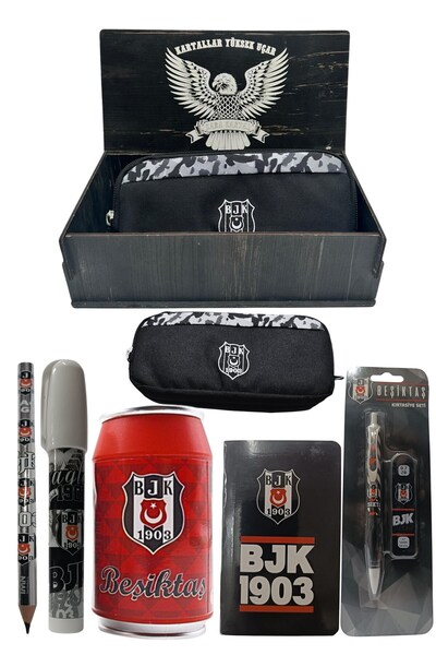 Beşiktaş Original Licensed Red Box Pencil Sharpener Wooden Boxed 6-Piece Stationery Set