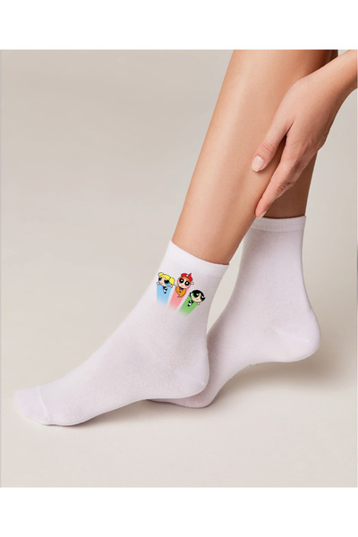 YnkStore جوارب بيضاء مريحة للنساء من القطن مطبوع من Powerpuff Girls