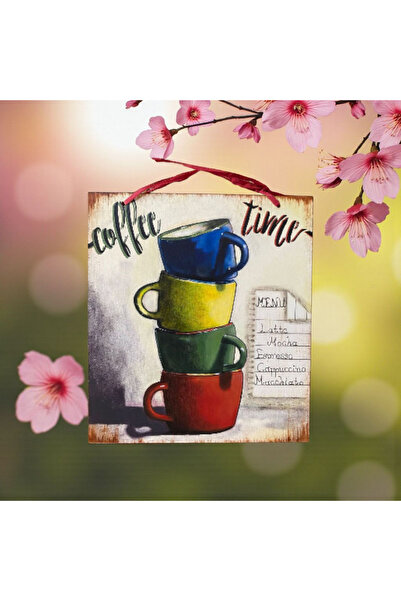Lotus Eskitme ahşap tablo 30x30 cm el çizimi mutfak panosu kahve zamanı yazılı kahve fincanı dekorlu