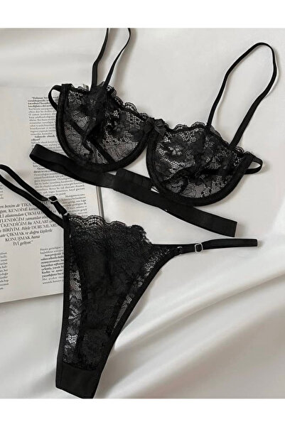 Fanwet Kadın Şerit Detaylı Balenli Dantel Tanga Kilot Sütyen İç Giyim