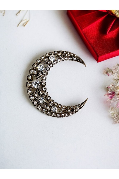 FAYRA ACCESSORIES Kristal Taş İşlemeli Hilal Broş