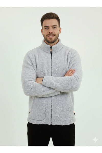 OXVİN Wool Plush Fur Lamb Welsoft Jacket with Bone Zipper and 3 Pockets Detail (Full Size)