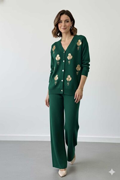 Cemre Life New Deux Two-Button Sequin Embroidery Detailed Knitwear Set