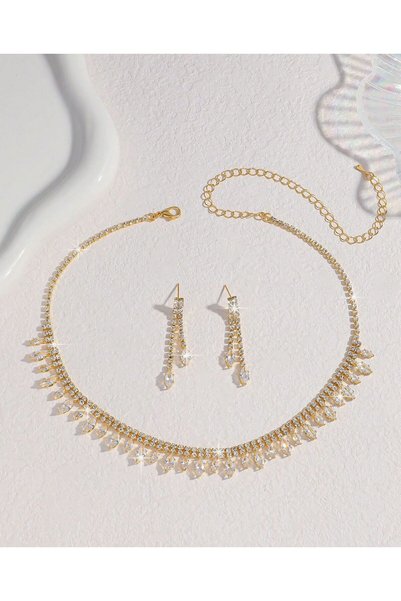 shopidik Luxury Marquis Stone-Set Gold-Colored Necklace and Earrings Set - Wedding Engagement Jewelry