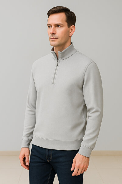 Maccali Men's Zippered Polo Neck Loose Long Gray Knit Sweater