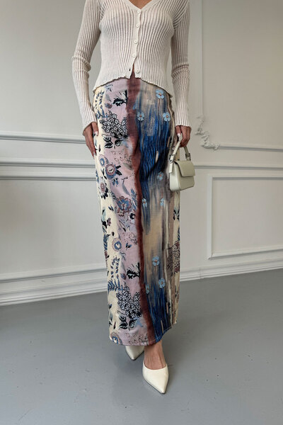 MAGARDE Çiçek Detay Maxi Saten Etek- BEJ