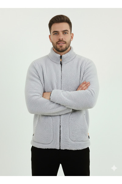 OXVİN Wool Plush Fur Lamb Welsoft Jacket with Bone Zipper and 3 Pockets Detail (Full Size)