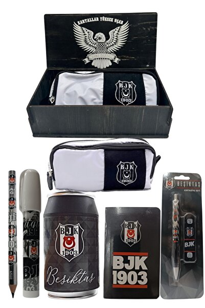 Beşiktaş Original Licensed Black Box Pencil Sharpener Wooden Boxed 6-Piece Stationery Set