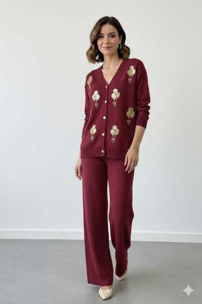 Cemre Life New Deux Two-Button Sequin Embroidery Detailed Knitwear Set