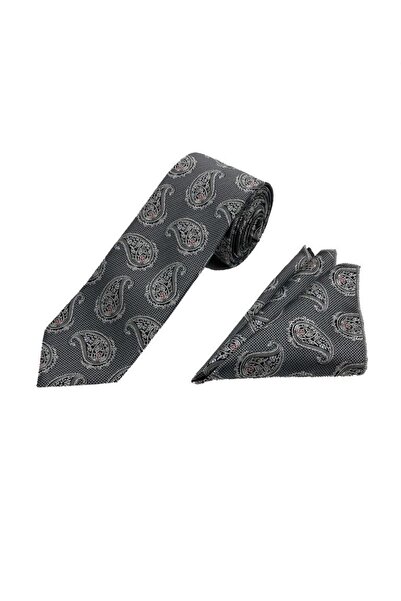 Brianze 7 cm Gray Black Shawl Pattern Tie Handkerchief Set