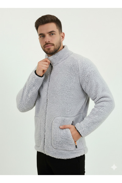 OXVİN Wool Plush Fur Lamb Welsoft Jacket with Bone Zipper and 3 Pockets Detail (Full Size)